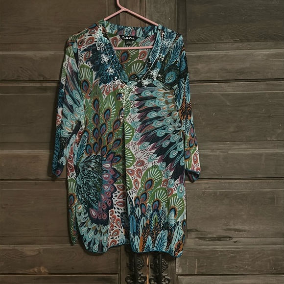 Double‎ Decker Top Size M Sheer Tunic Beach Cover Up Peacock Feathers Sequins - Picture 1 of 6